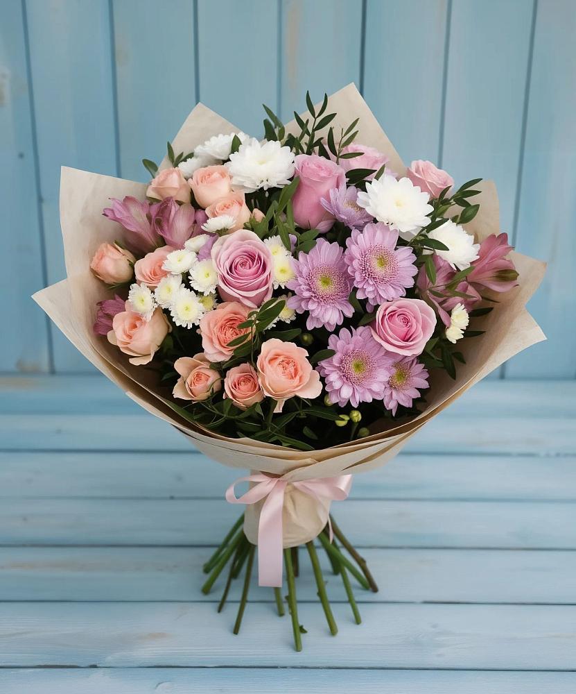 Букет цветов из: Хризантемы, Розы и Альстромерии в Старобжегокай