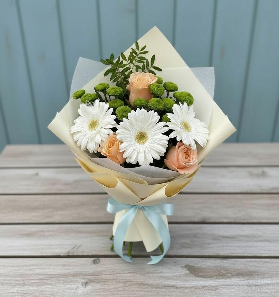 Букет цветов из: Герберы, Розы и Хризантемы в Старобжегокай