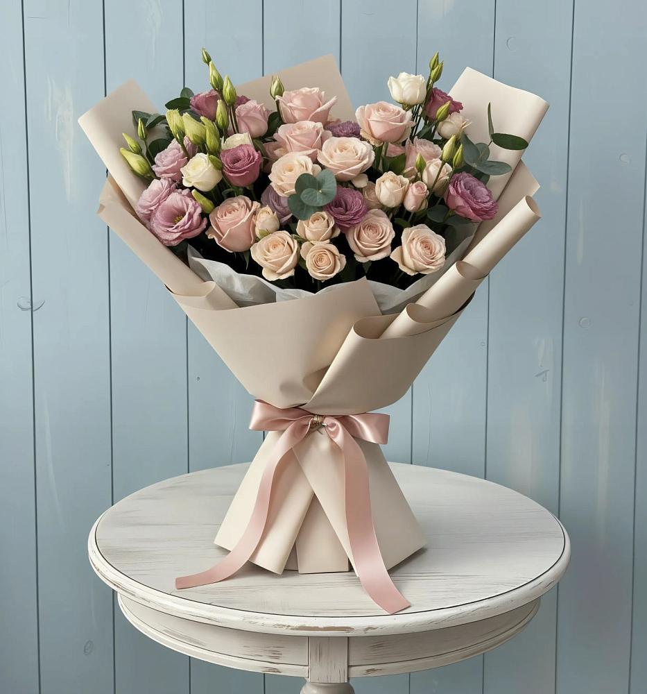 Букет цветов из: Розы и Лизиантусы в Старобжегокай