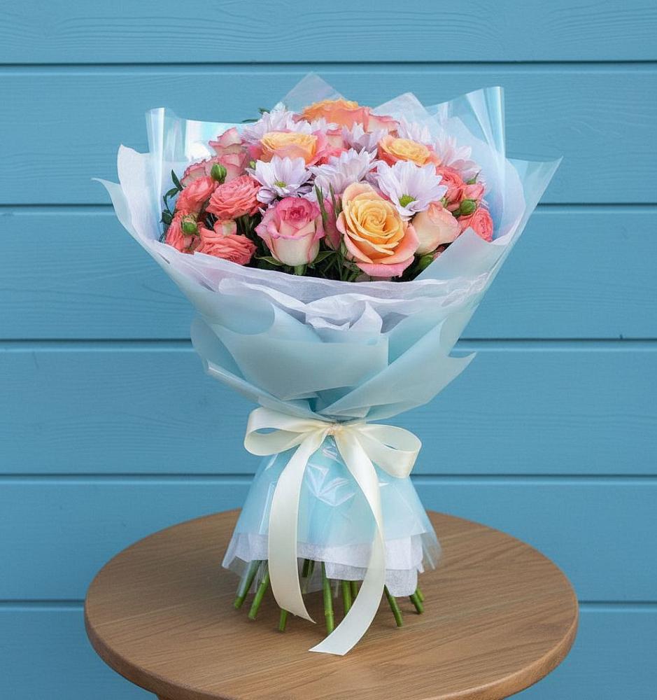 Букет цветов из: Хризантемы и Розы в Старобжегокай