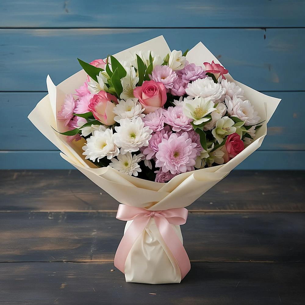 Букет цветов из: Хризантемы, Альстромерии и Розы в Старобжегокай